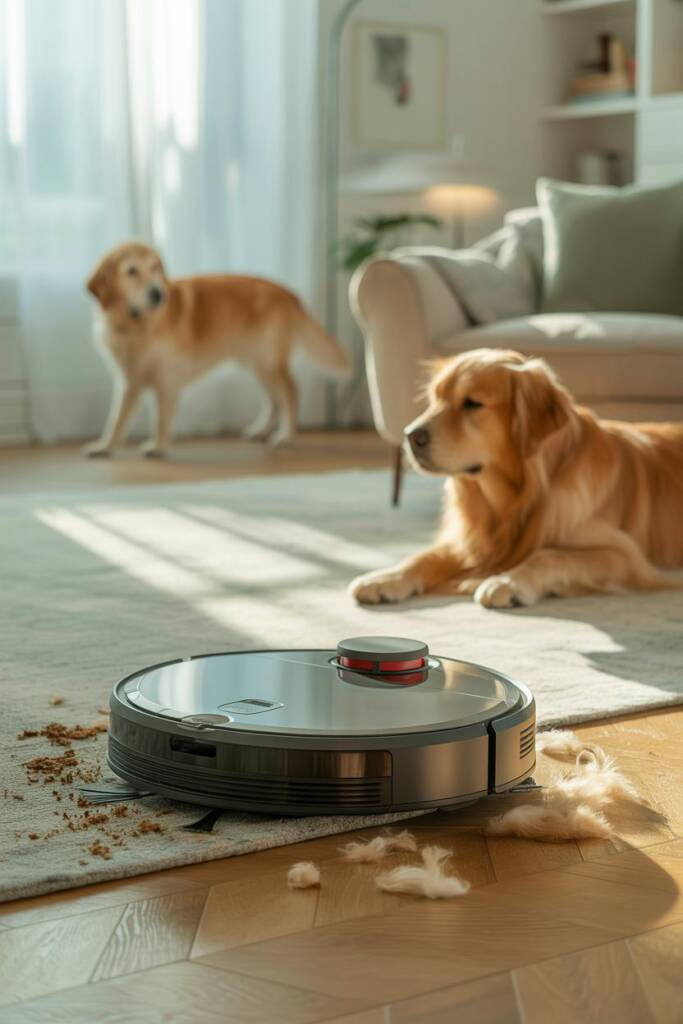 Side view of a sleek black robot vacuum with red accents cleaning hardwood floors while a yellow Labrador walks past in soft
