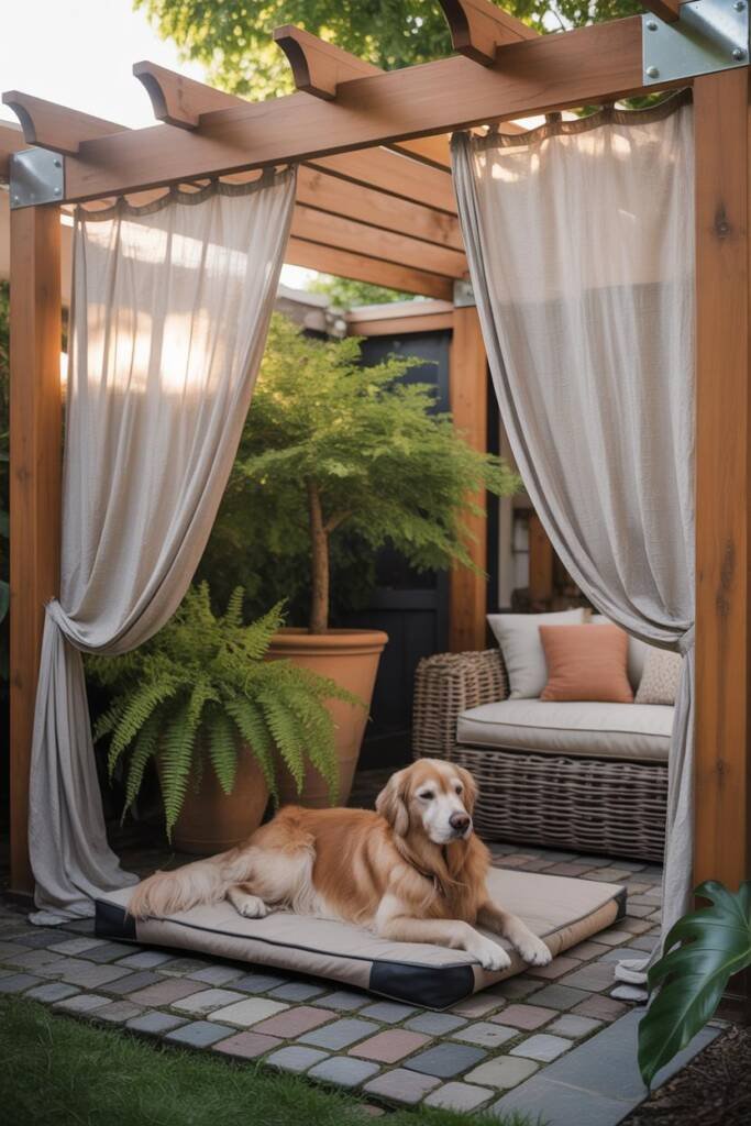 A husky resting on an outdoor dog bed under a wooden pergola with white flowing curtains, flagstone floor underneath, dappled