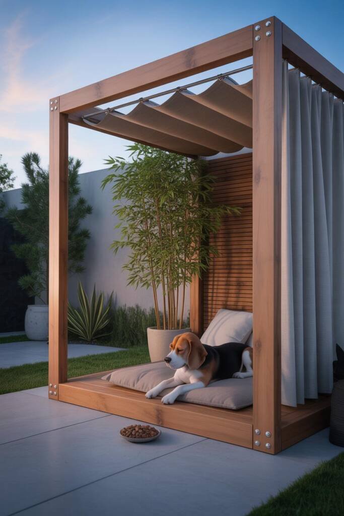 A husky resting on an outdoor dog bed under a wooden pergola with white flowing curtains, flagstone floor underneath, dappled
