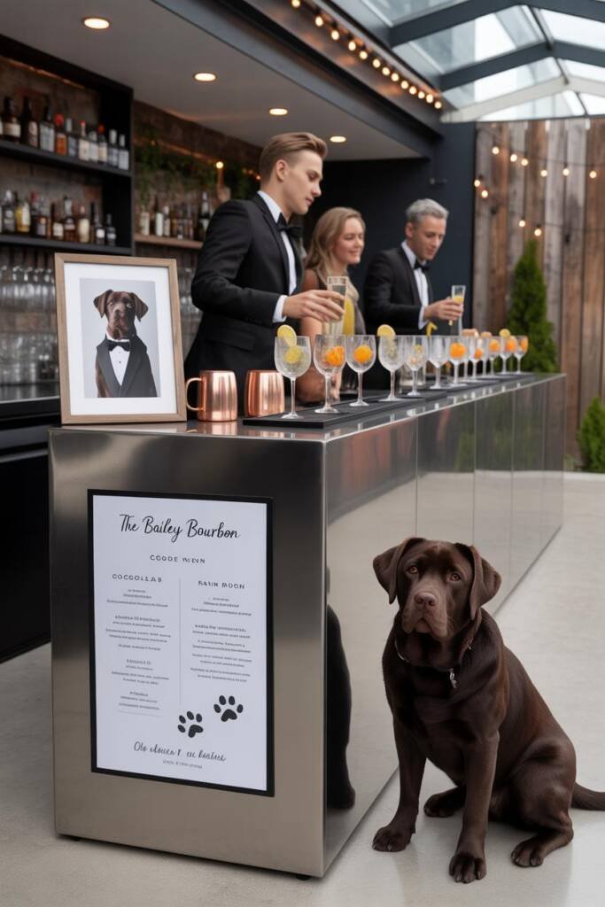 An elegant bar setup featuring a framed photo of a chocolate labrador in a tuxedo next to custom drink menu cards with "The B
