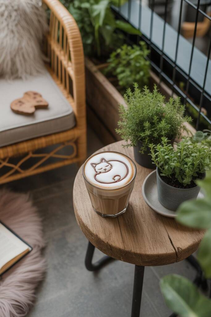 Overhead latte with a puffy white foam circle; chocolate sauce outlines a curled sleeping cat with tucked tail and tiny ears;