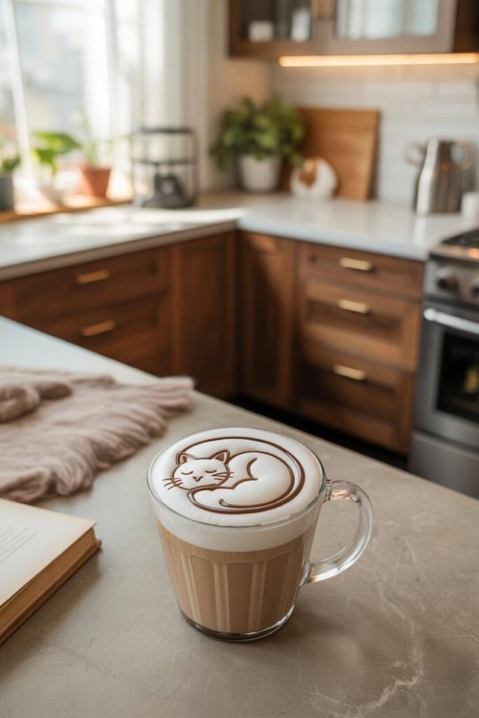 Overhead latte with a puffy white foam circle; chocolate sauce outlines a curled sleeping cat with tucked tail and tiny ears;