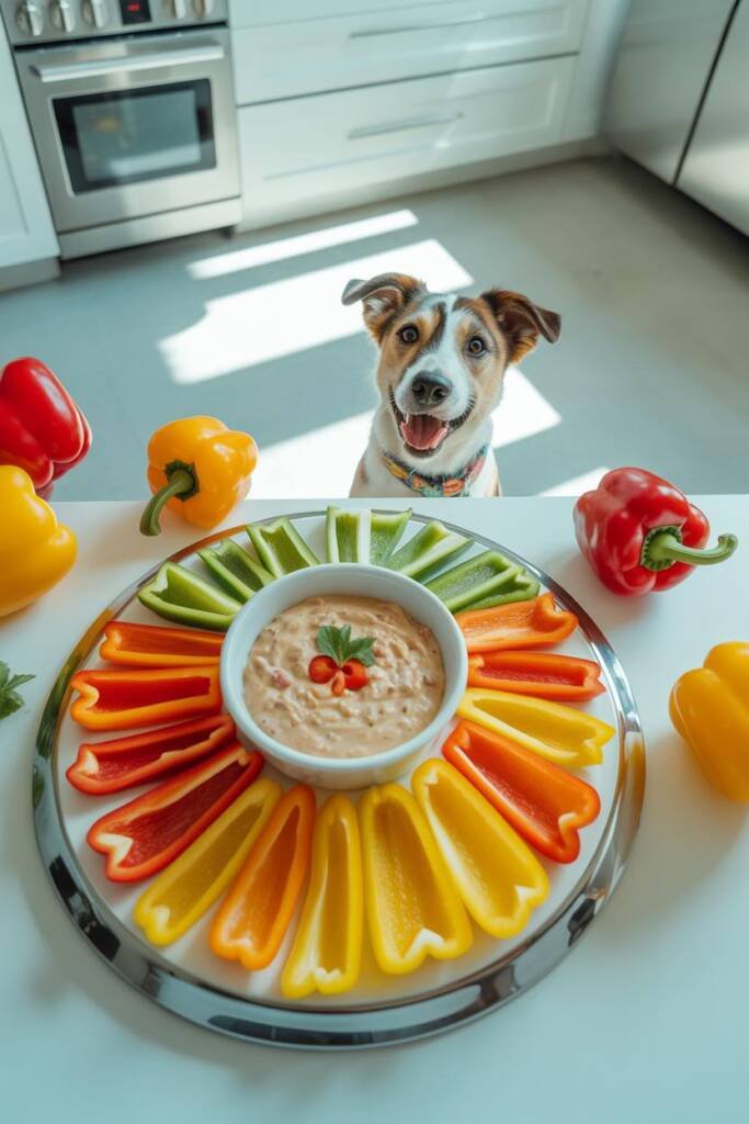 A vibrant, colorful overhead flat-lay featuring red, yellow, and orange bell pepper strips arranged in a rainbow gradient aro