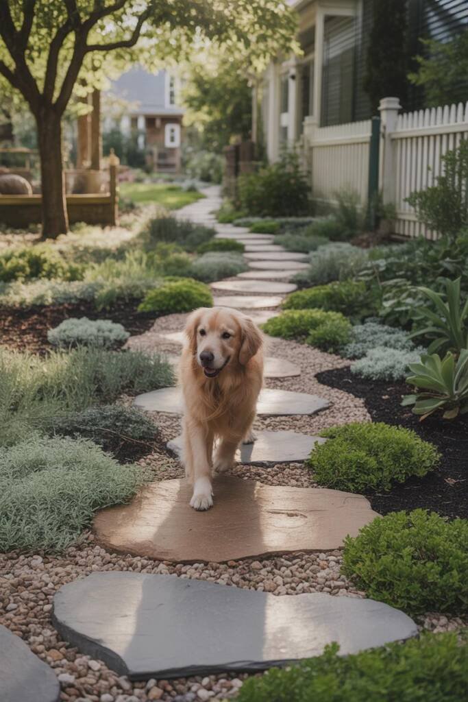 An Australian shepherd walking confidently on large flagstone pathway, low groundcover plants softening the edges, decomposed