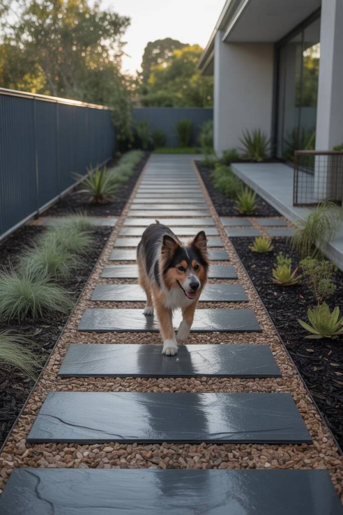 An Australian shepherd walking confidently on large flagstone pathway, low groundcover plants softening the edges, decomposed