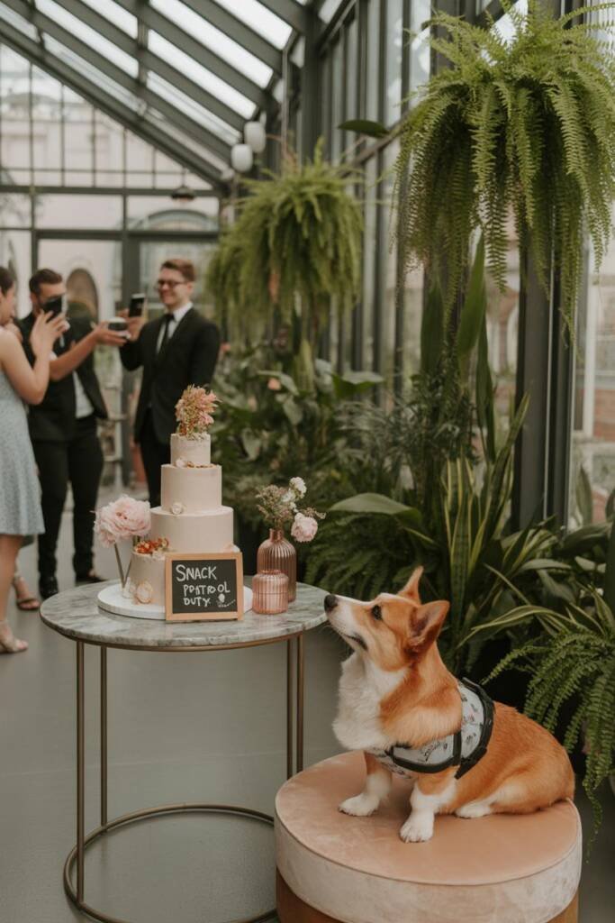 A corgi in a tiny security vest sitting alertly on a velvet cushion next to a three-tiered white wedding cake, with a small c