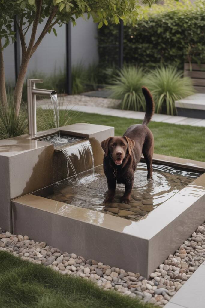 A happy chocolate labrador standing in a shallow stone-edged water feature splashing playfully, natural stone surround integr