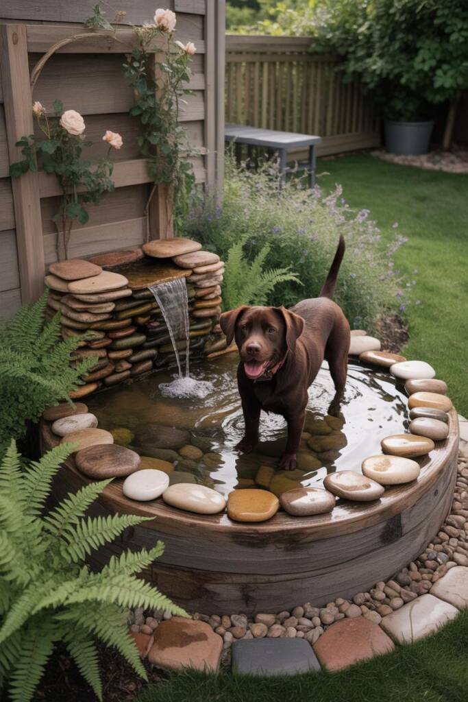 A happy chocolate labrador standing in a shallow stone-edged water feature splashing playfully, natural stone surround integr