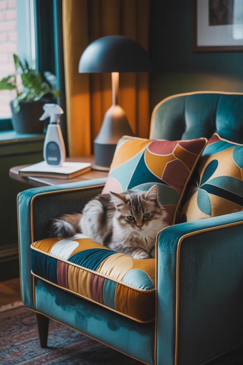 Vertical 2:3, sofa corner with mix of stain-resistant velvet cushions in retro prints (geometrics, florals, mustard/teal/clar