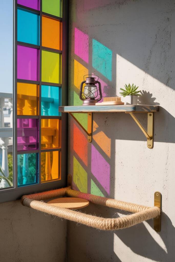Window nook with colored acrylic panel inserts (amber, teal, magenta) framing a floating perch; sunlight casting jewel-tone r