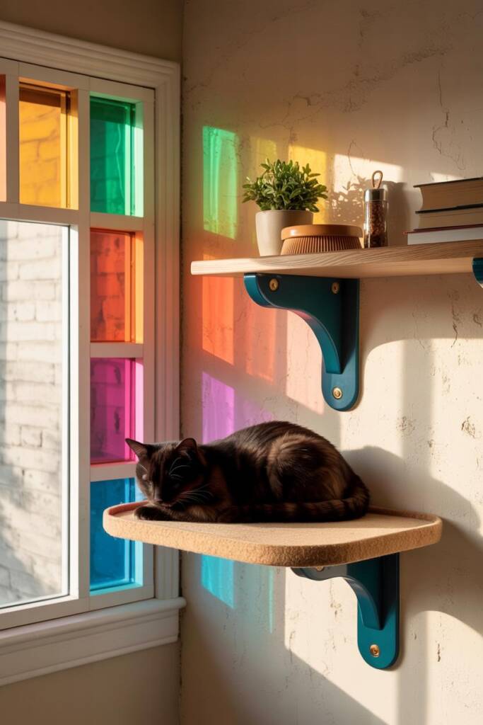 Window nook with colored acrylic panel inserts (amber, teal, magenta) framing a floating perch; sunlight casting jewel-tone r