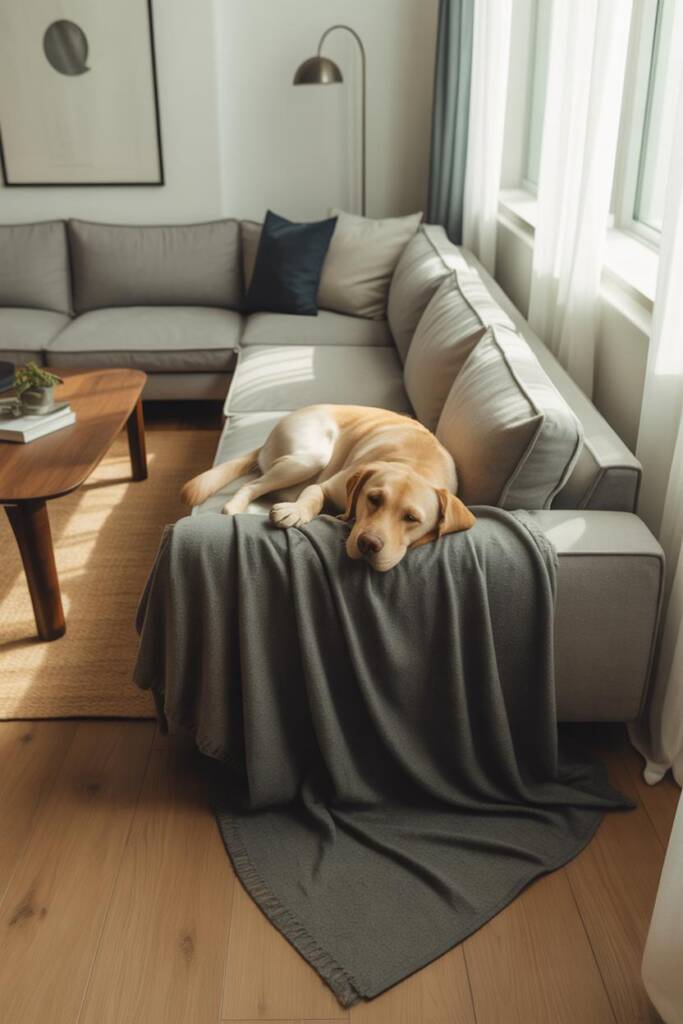 Modern living room with gray sectional sofa featuring a sleek charcoal microfiber throw draped over one corner section where