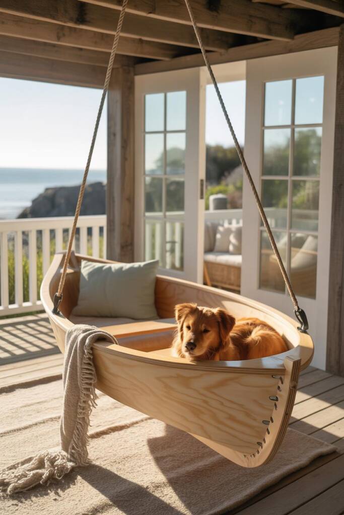 A small wooden boat gently suspended from exposed ceiling beams on a covered porch using thick marine-grade rope. Inside, a G