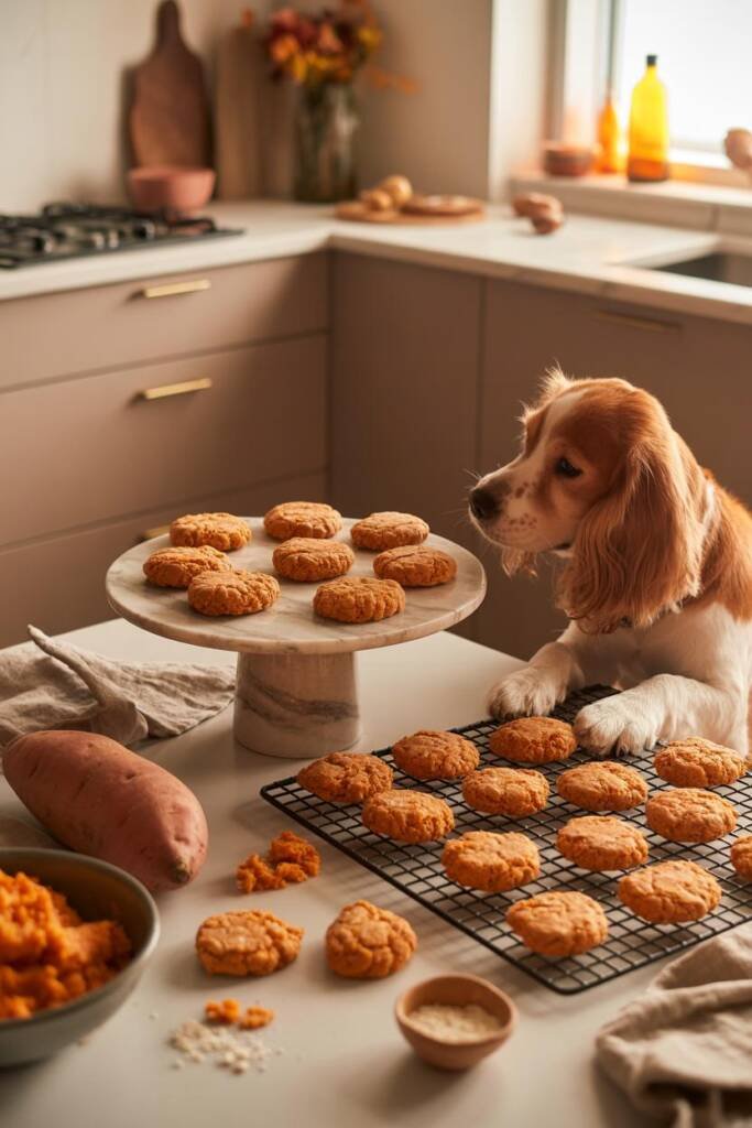 Warm autumn-toned photograph of orange-brown cluster treats with crackled surfaces arranged on a cooling rack. The treats sho