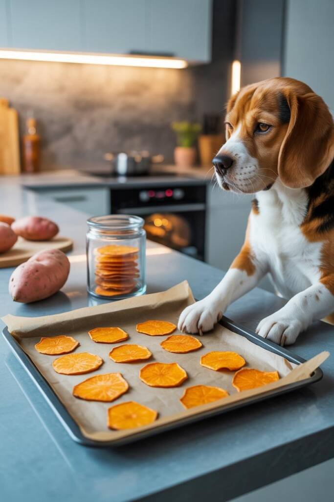A baking sheet lined with parchment paper displaying perfectly crispy, golden-orange sweet potato chips with slightly curled