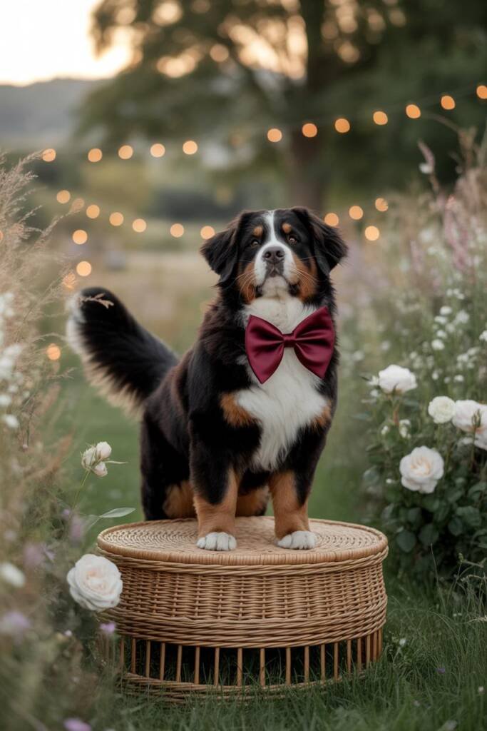 A golden retriever in an elegant navy bow tie standing proudly on a small white decorated platform beside a bride during an o