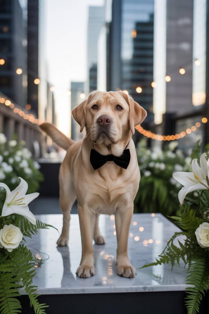 A golden retriever in an elegant navy bow tie standing proudly on a small white decorated platform beside a bride during an o