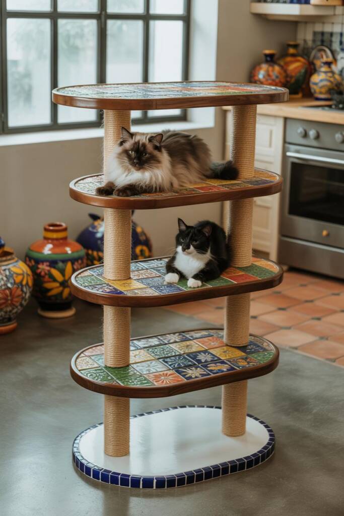 A stunning three-level wooden cat tower featuring authentic hand-painted Talavera tile patterns in cobalt blue, sunflower yel