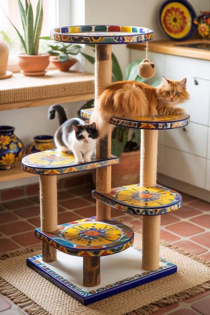A stunning three-level wooden cat tower featuring authentic hand-painted Talavera tile patterns in cobalt blue, sunflower yel