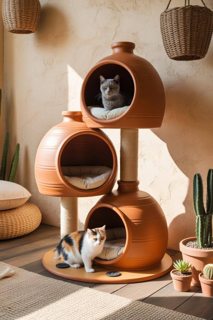 A vertical stack of three oversized clay pot-shaped cat caves in warm terracotta finish with realistic pottery texture. Each