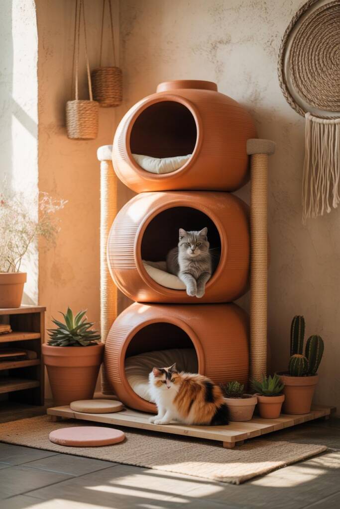 A vertical stack of three oversized clay pot-shaped cat caves in warm terracotta finish with realistic pottery texture. Each