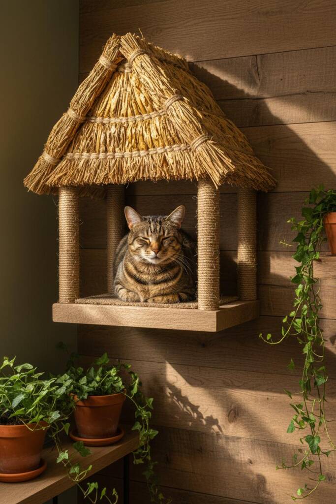 Rustic cottage with intricately woven seagrass thatched roof in golden wheat tones reminiscent of Van Gogh's Arles cottages,