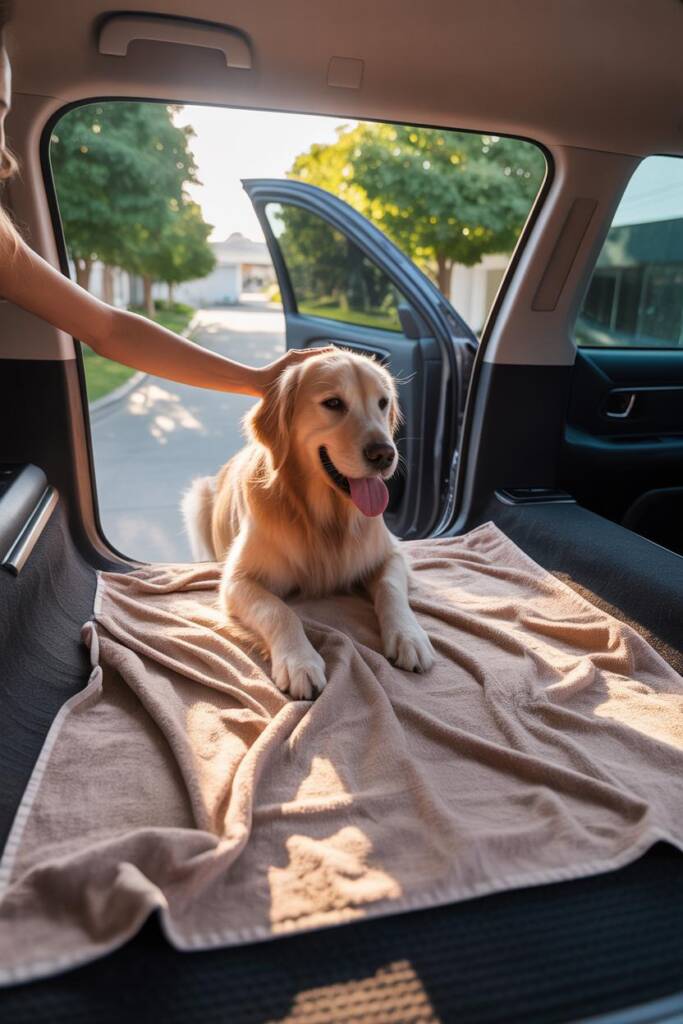 Interior car shot showing SUV cargo area with large gray damp towel spread across the space. Black Labrador mid-jump into the