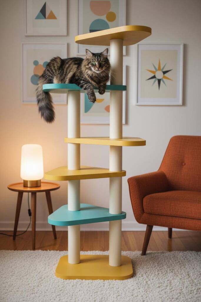 A dynamic vertical cat tower with five boomerang-shaped platforms jutting out at various asymmetrical angles. Platforms in vi