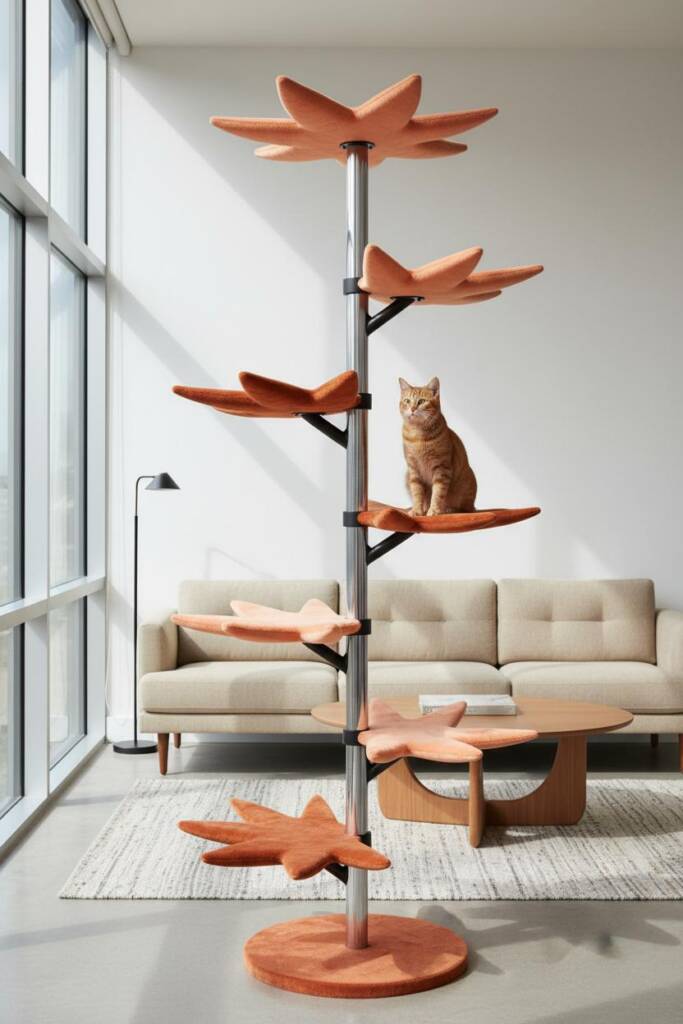 A dramatic vertical tower with central chrome pole and six platforms arranged in spiral ascent. Each platform is shaped like