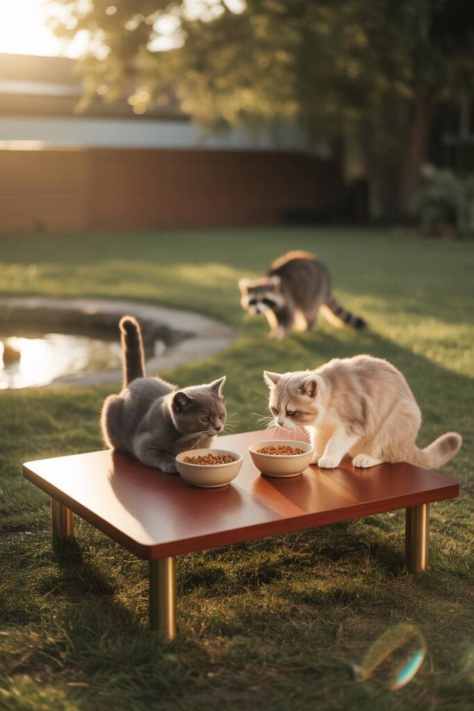 ultra-realistic daylight photo of a tidy backyard cat feeding setup: raised wooden platform on smooth PVC legs, two calm cats