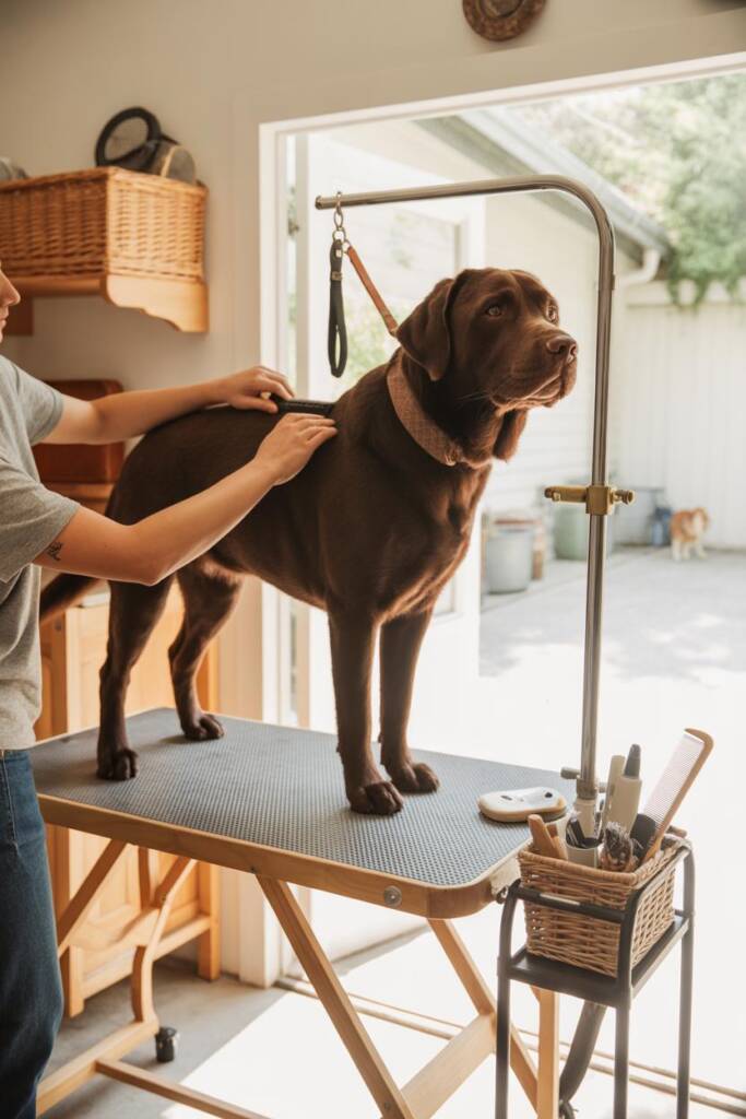 Chocolate Labrador standing calmly on a sturdy folding table covered with a gray rubber mat in a bright garage setting. Silve