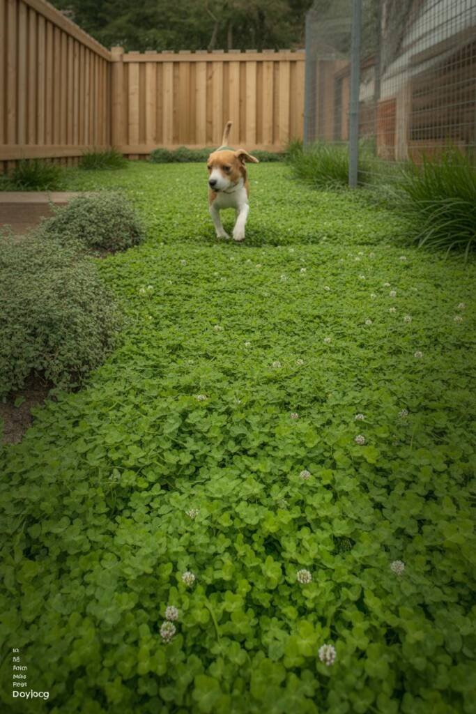 A beagle running across a vibrant green microclover lawn, close-up showing the dense clover texture and small white blooms, d