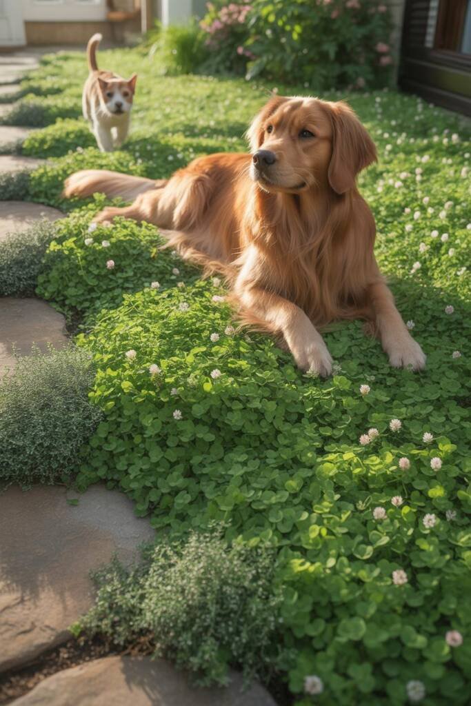 A beagle running across a vibrant green microclover lawn, close-up showing the dense clover texture and small white blooms, d