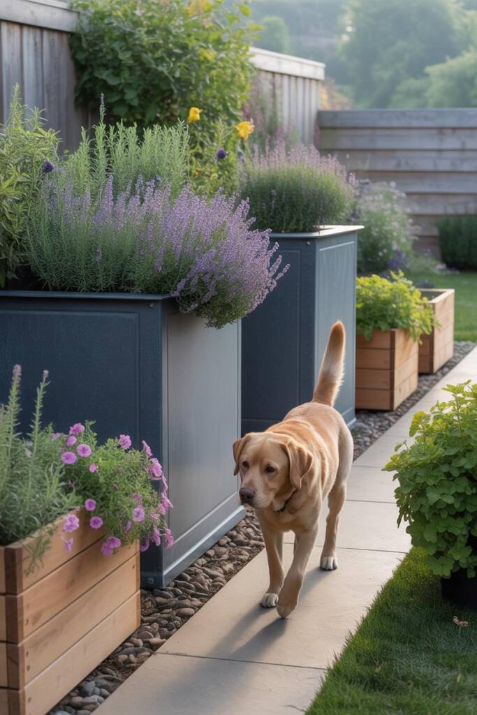 A German shepherd walking freely between clustered cedar raised planter boxes (28 inches tall), trailing petunias cascading o