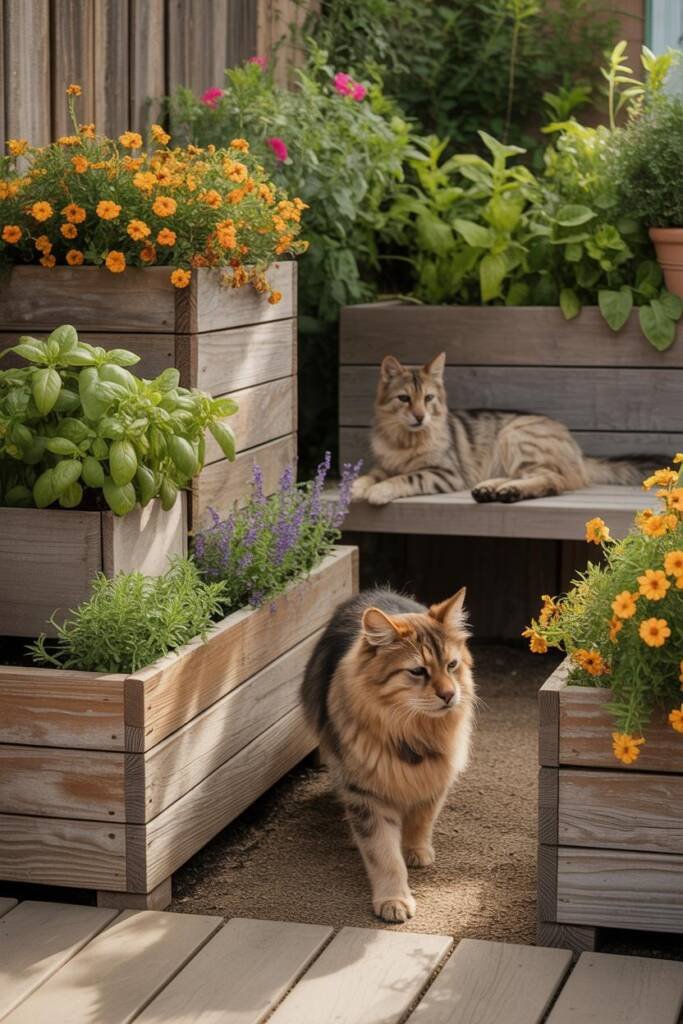 A German shepherd walking freely between clustered cedar raised planter boxes (28 inches tall), trailing petunias cascading o