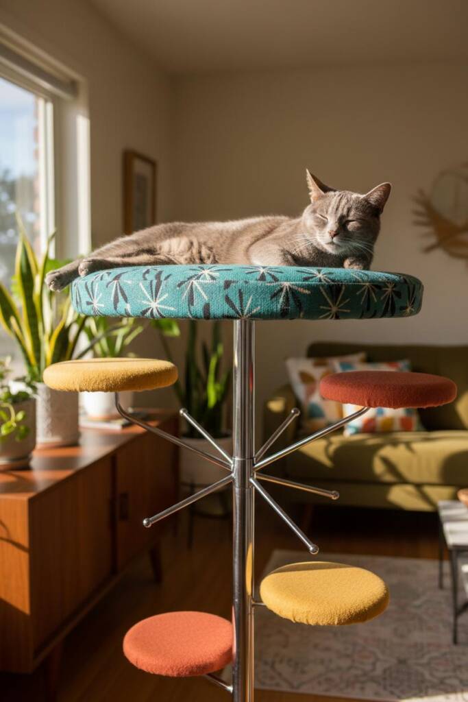A striking cat tree with a wide circular disc platform at the top upholstered in teal fabric with atomic boomerang pattern. C