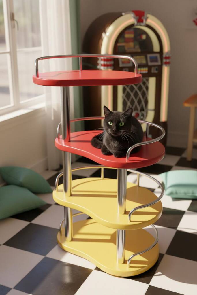 A vibrant cat tower featuring three stacked kidney-shaped platforms in glossy cherry red vinyl with characteristic mid-centur