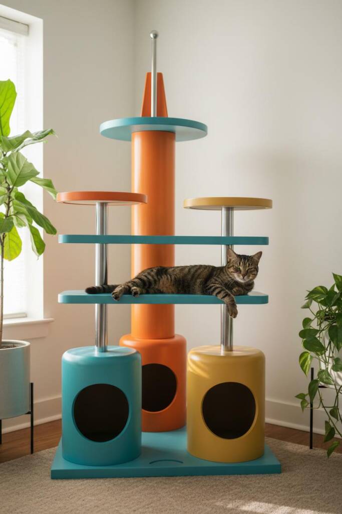 An elaborate system of three cylindrical towers at staggered heights - one atomic orange, one teal, one mustard yellow. Each