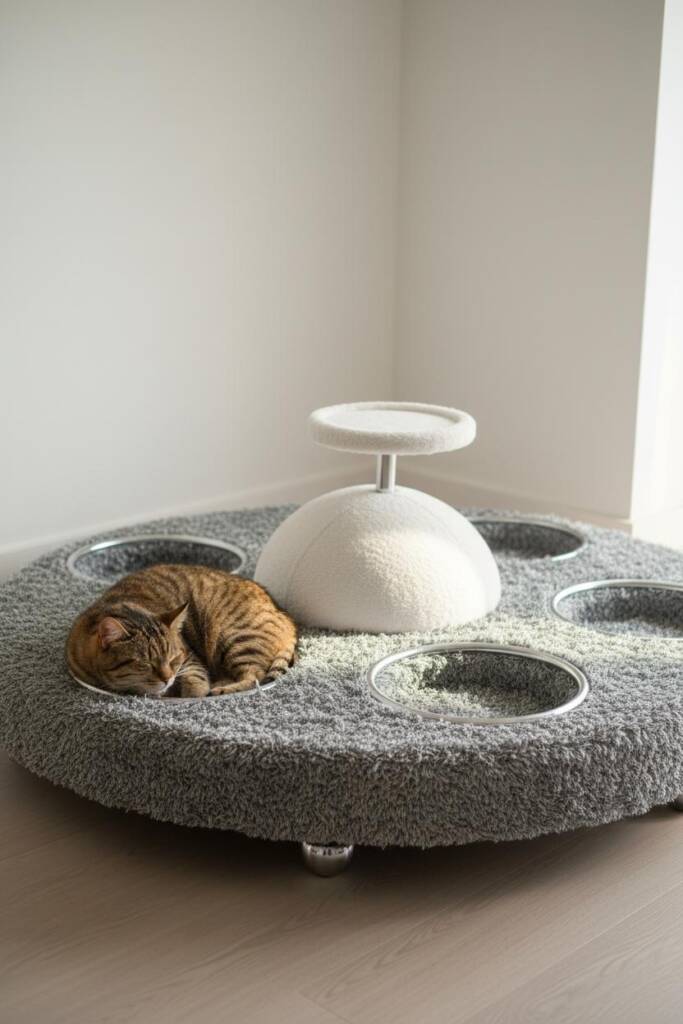 A wide circular platform resembling lunar surface in shades of gray and silver. Five circular crater nests carved into the te