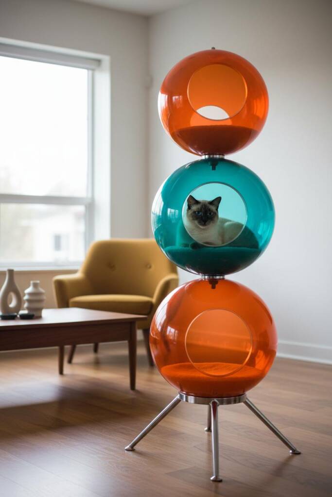A stunning vertical tower featuring three graduated translucent acrylic spheres stacked vertically - largest at bottom in ato