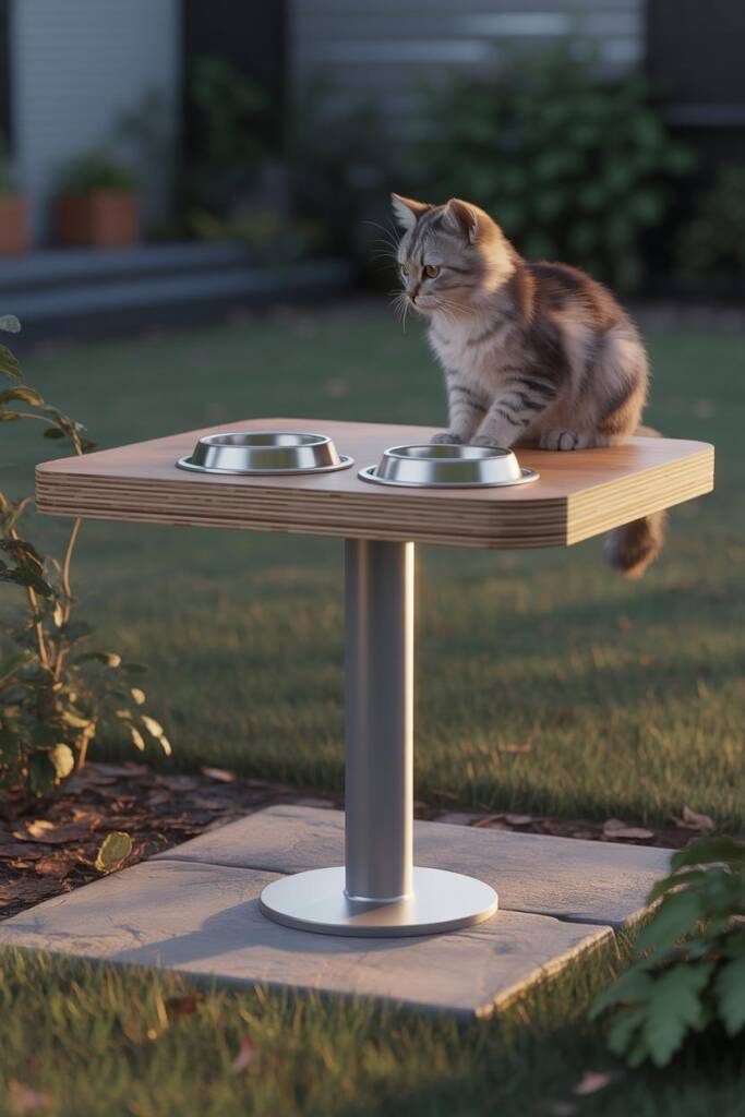 A sleek wooden feeding platform elevated 20 inches off the ground on a single smooth silver PVC pole, with two stainless stee