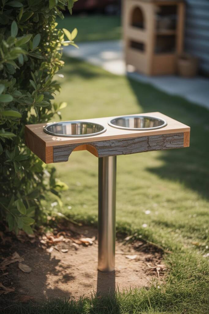 A sleek wooden feeding platform elevated 20 inches off the ground on a single smooth silver PVC pole, with two stainless stee