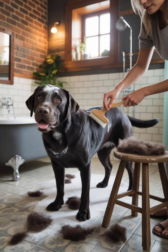 Black Labrador standing in modern bathroom with white subway tiles, coat dusted with cornstarch creating a frosted appearance