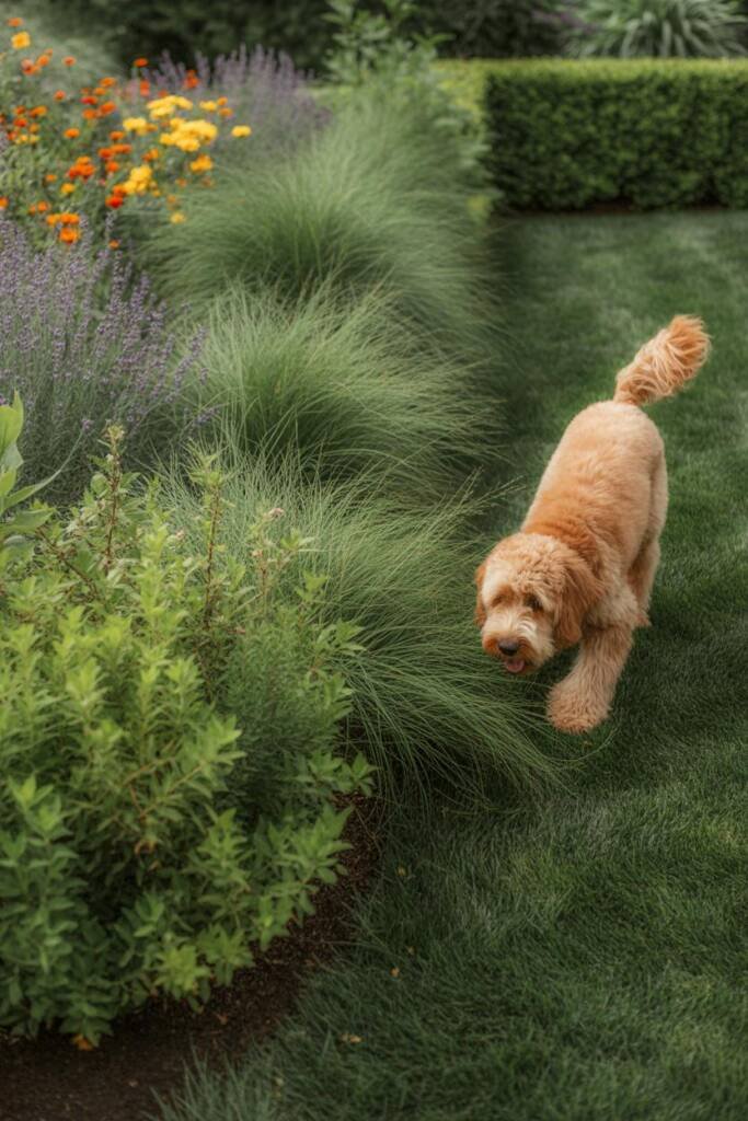 A golden doodle respecting the boundary created by dense Karl Foerster ornamental grasses, the grasses forming a natural peri