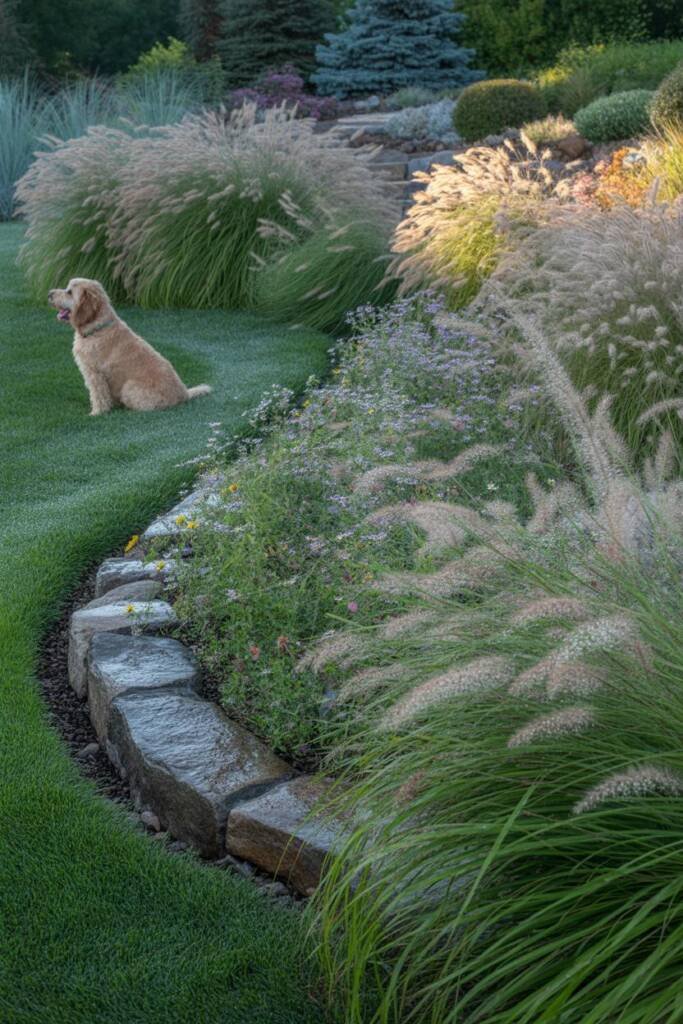 A golden doodle respecting the boundary created by dense Karl Foerster ornamental grasses, the grasses forming a natural peri