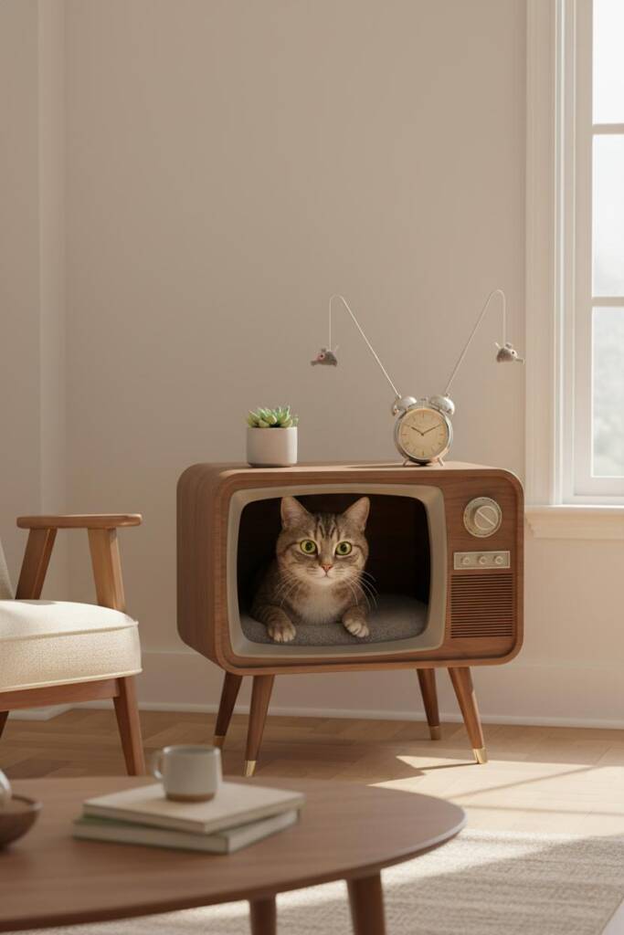 A low rectangular console perfectly replicating a 1960s television set with faux wood-grain paneling and rounded corners. Fou