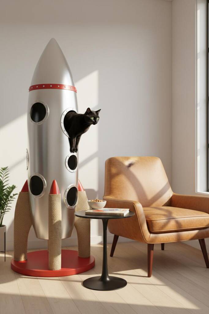 A sleek vertical rocket-shaped cat tower in metallic silver with red accent fins. The cone tapers to a pointed capsule top. T