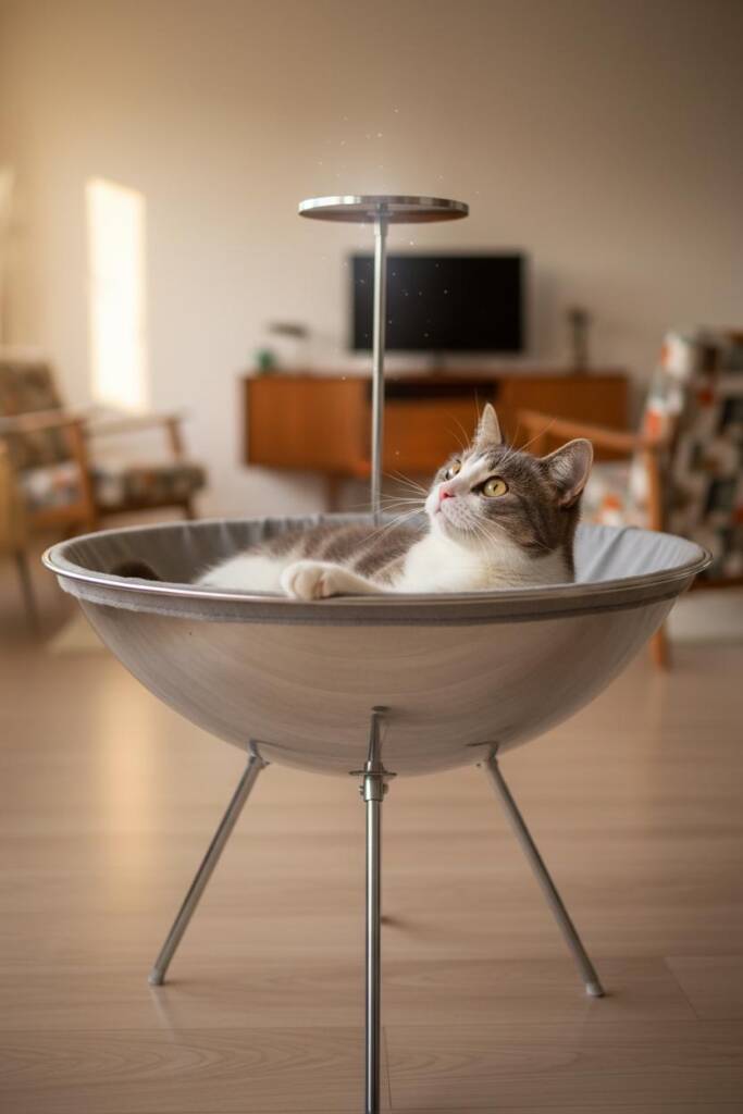 A unique cat lounger featuring a large concave metallic silver disc creating a hammock bed suspended on three angled chrome t