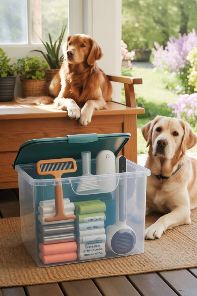 Clear plastic storage bin with purple lid open on wooden deck, organized with grooming supplies neatly arranged: undercoat ra
