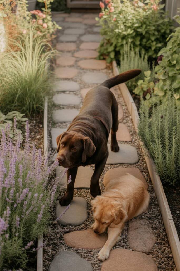 A golden retriever sniffing purple lavender plants along a curved flagstone pathway in a lush garden, aerial view showing the